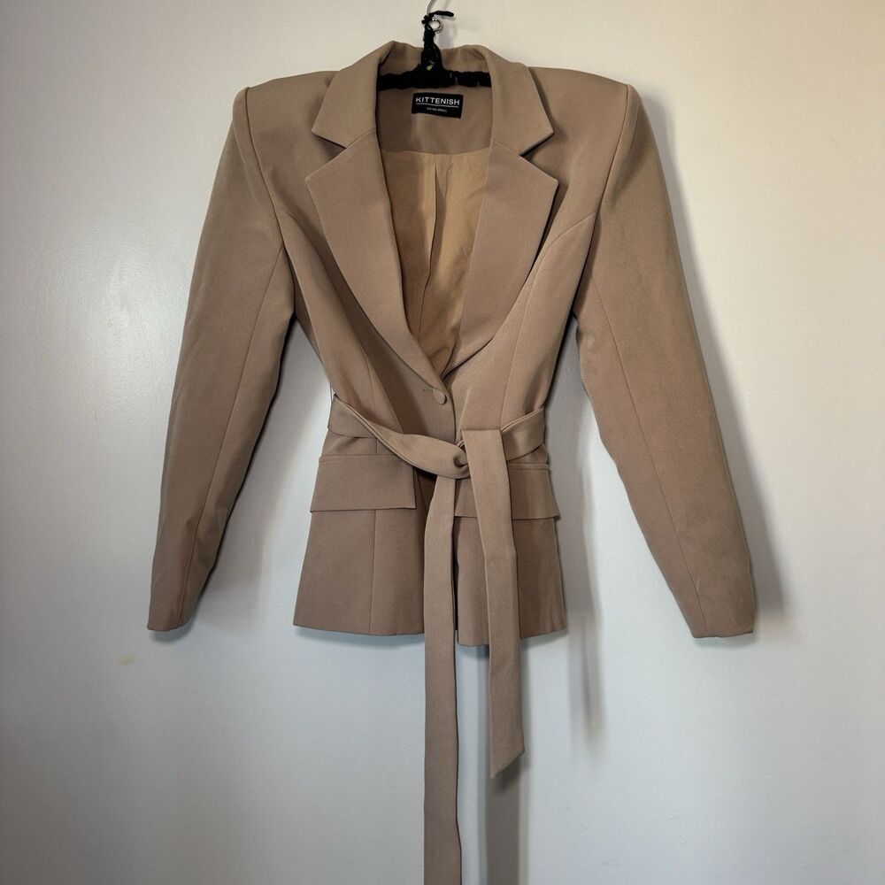 Vintage Women’s Tan Brown Structured Blazer XS Waist Tie Button Up Kittenish
